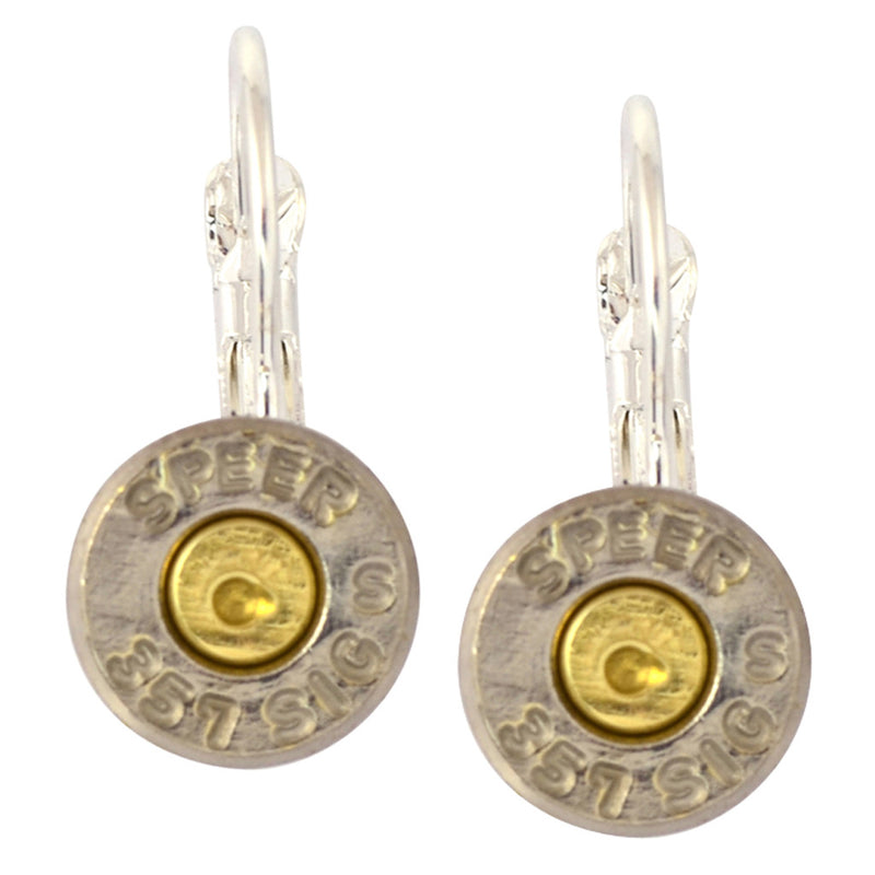Little Black Gun 357 Sig Bullet Shell Leverback Earrings, Thin Nickel and Brass 2 Tone
