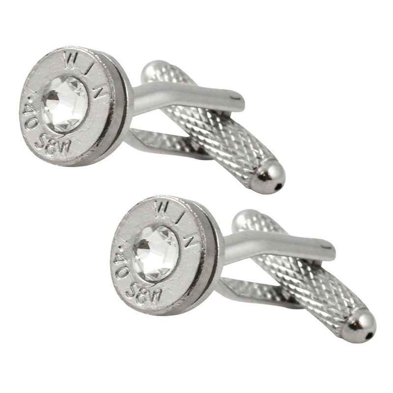 Little Black Gun 40 S&W Caliber Bullet Cufflinks, Thin Nickel Plated with Clear crystal