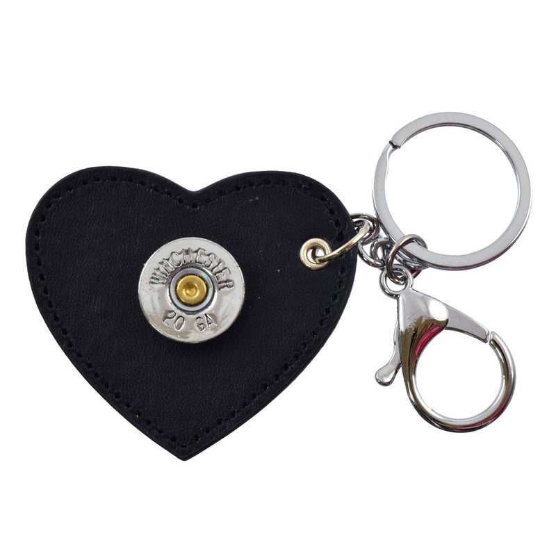 Shotgun Shell Heart Leather Keychain, 20 Gauge Bullet Casing in Silvertone