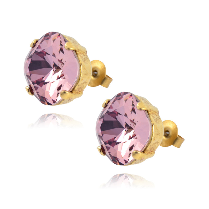 La Vie Parisienne Gold Plated Round Circle Stud Earrings with crystal, By Catherine Popesco, Vintage Rose