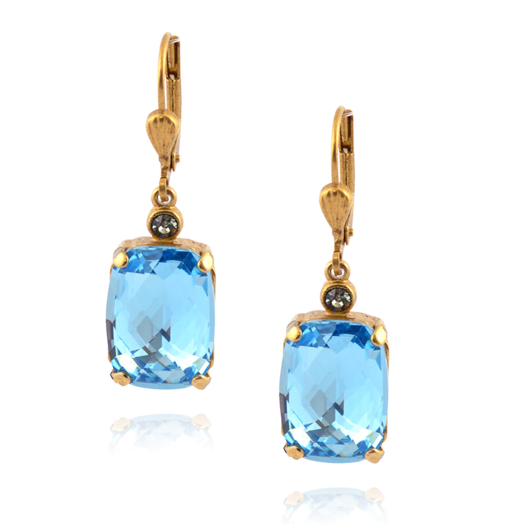 La Vie Parisienne Gold Plated Rectangle Dangle Earrings with Aqua Crystal