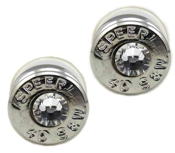 Lizzy Js Designer Sterling Silver Plated Bullet Shell Stud Earrings with Clear crystal