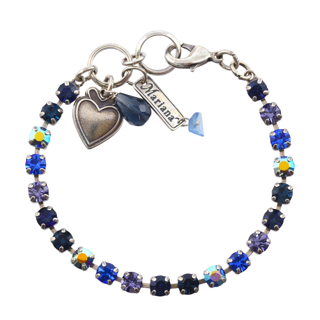 Mariana Jewelry Electra Blue Crystal Tennis Bracelet with Heart Pendant, Silver Plated 8" 4000 1026
