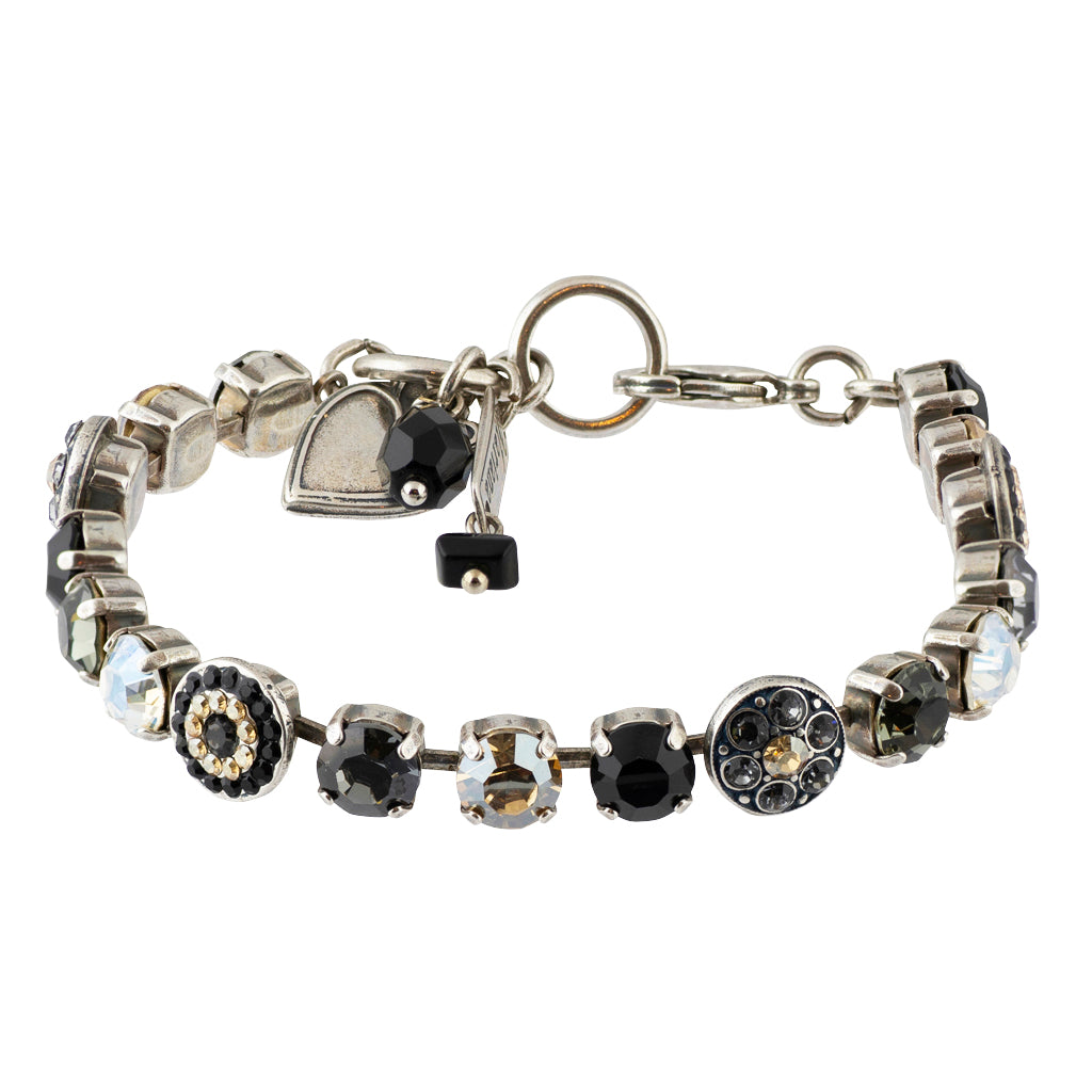 Mariana "Black Orchid" Silver Plated Crystal Round Jewel Tennis Bracelet with Heart Pendant, 8"