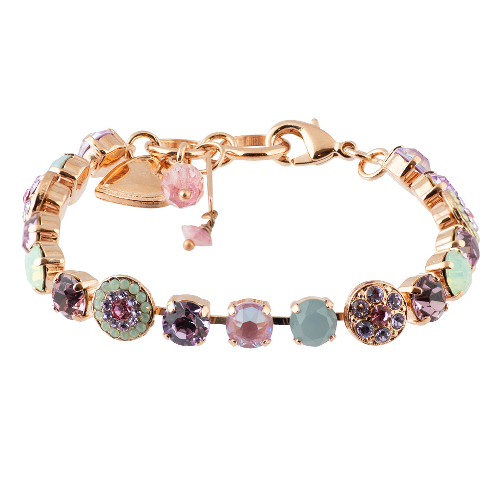 Mariana "Lavender" Rose Gold Plated Crystal Round Jewel Tennis Bracelet with Heart Pendant, 8"