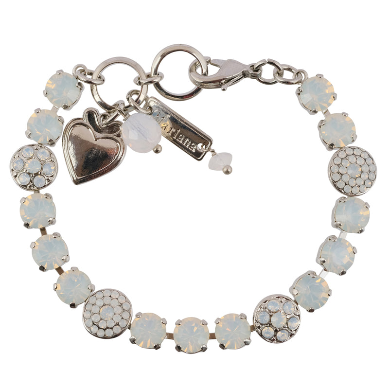 Mariana "White Opal" Rhodium Plated Crystal Tennis Bracelet with Heart Pendant, 8"