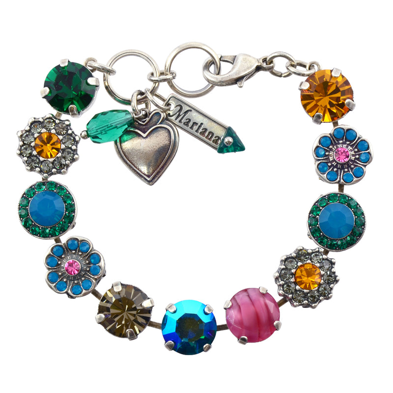 Mariana Jewelry Selene Flower Tennis Bracelet , Silver Plated with Green/Blue Crystal, 8" 4084 1086