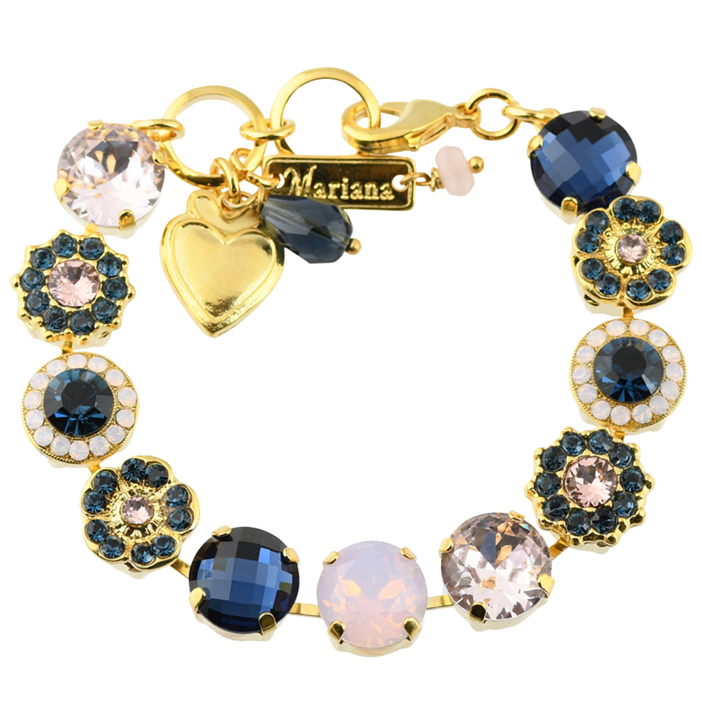 Mariana "Blue Morpho" Gold Plated Crystal Large Gem Tennis Bracelet with Heart, 8"