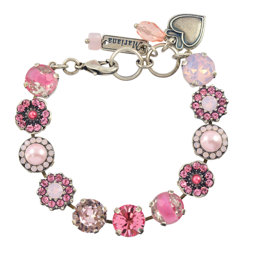 Mariana Jewelry Antigua Flower Tennis Bracelet , Silver Plated with Pink Crystal, 8" 4084 223-1