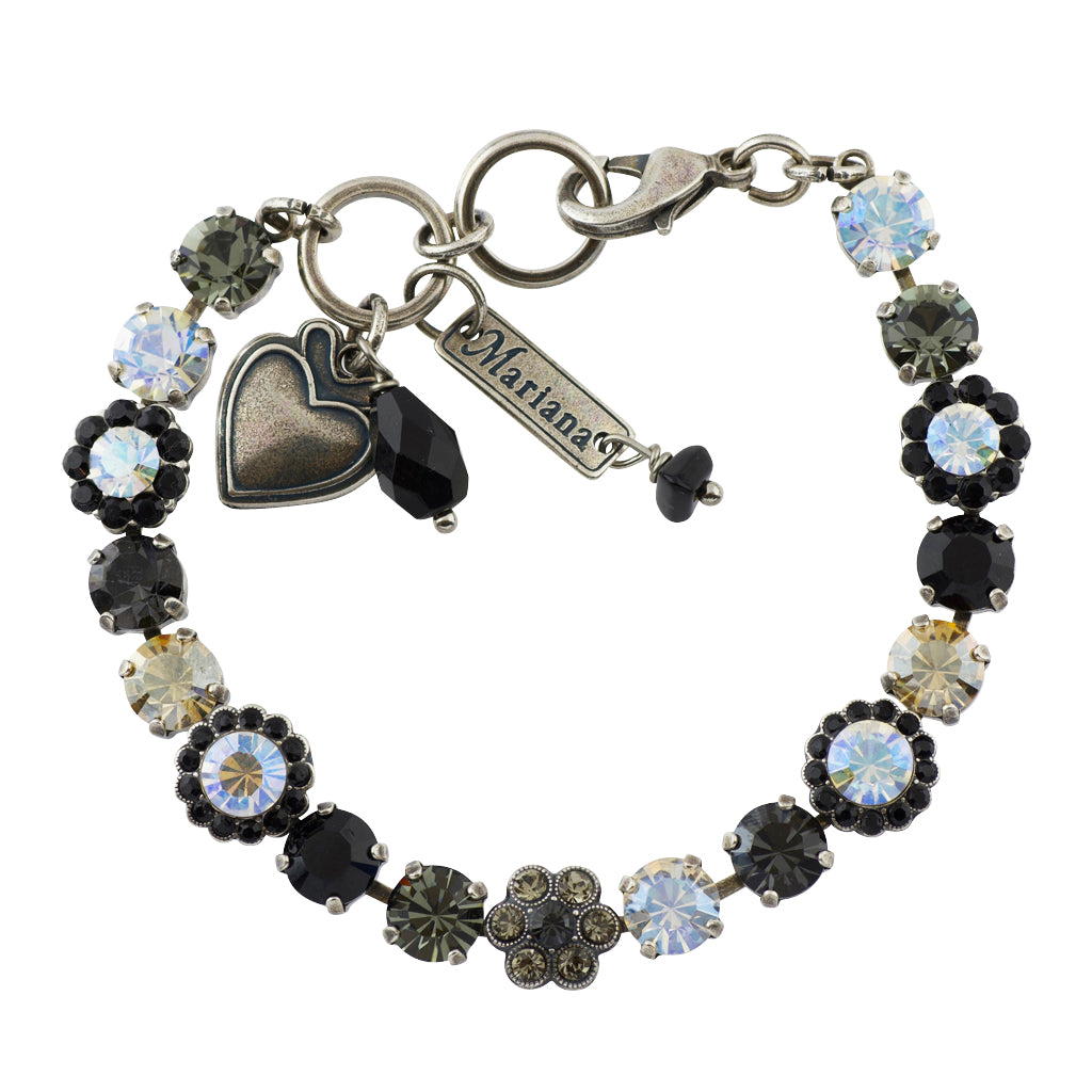 Mariana Black Orchid Silver Plated Flower Crystal Tennis Bracelet , 8"