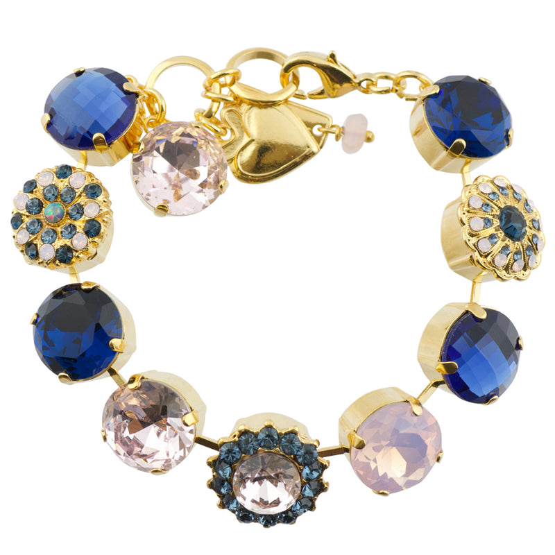 Mariana "Blue Morpho" Gold Plated Crystal Flower Tennis Bracelet with Heart, 8"
