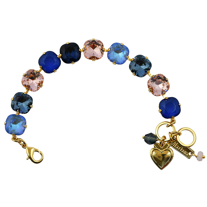Mariana Blue Morpho Rounded Square Tennis Bracelet, Gold Plated Crystal, 8"