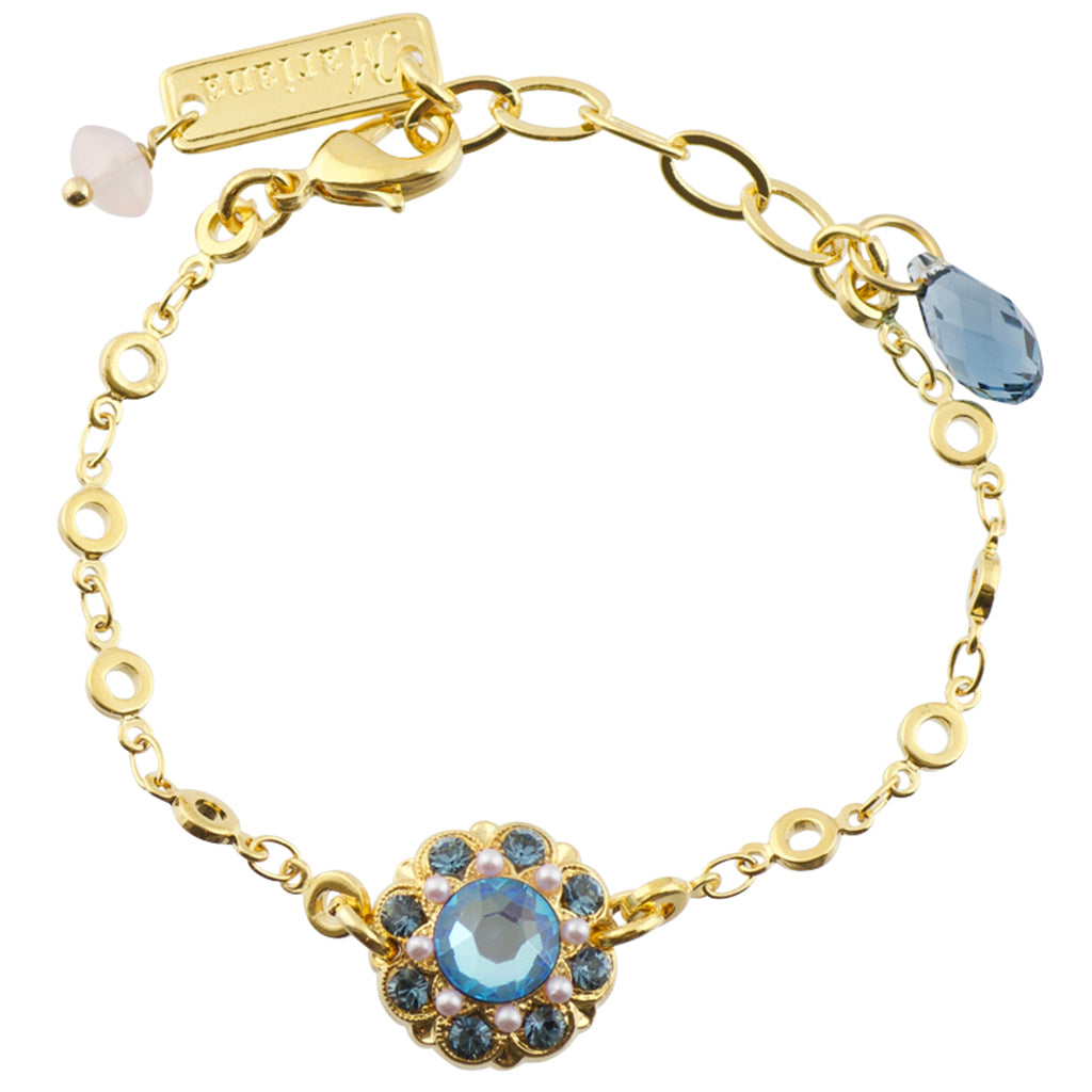 Mariana Blue Morpho Flower Tennis Bracelet, Gold Plated Crystal, 8"