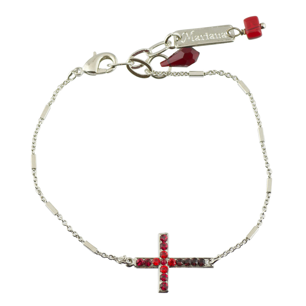 Mariana "Lady in Red" Silver Plated Crystal Sideways Cross Bracelet