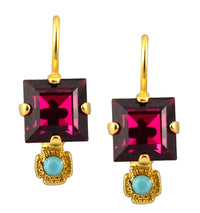 Mariana Jewelry Gold Plated Happy Days Petite Square Fuchsia and Aqua crystal Drop Earrings