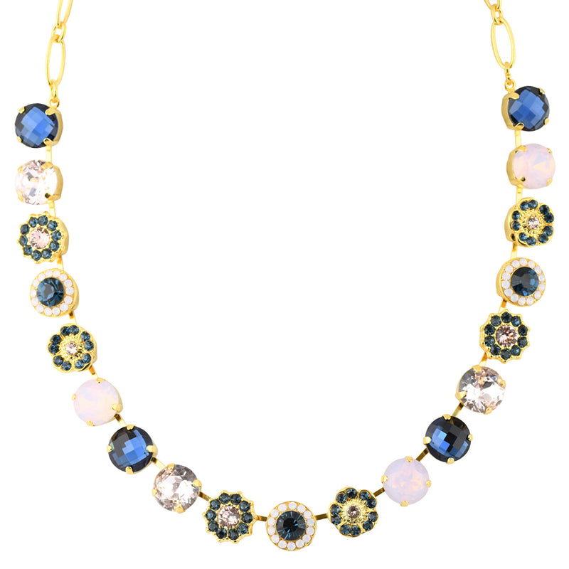 Mariana Large Flower Necklace, "Blue Morpho" Gold Plated, 18"