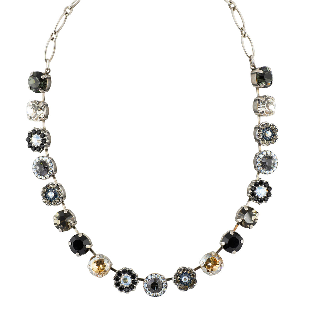 Mariana Large Flower Necklace, "Black Orchid" Silver Plated, 18" 3084