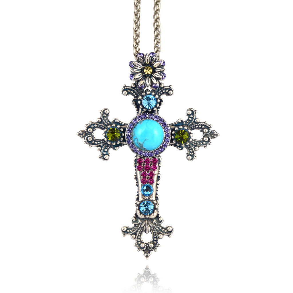 Mariana Jewelry Cuba rystal Ornate Lily Cross Necklace, 26+4"