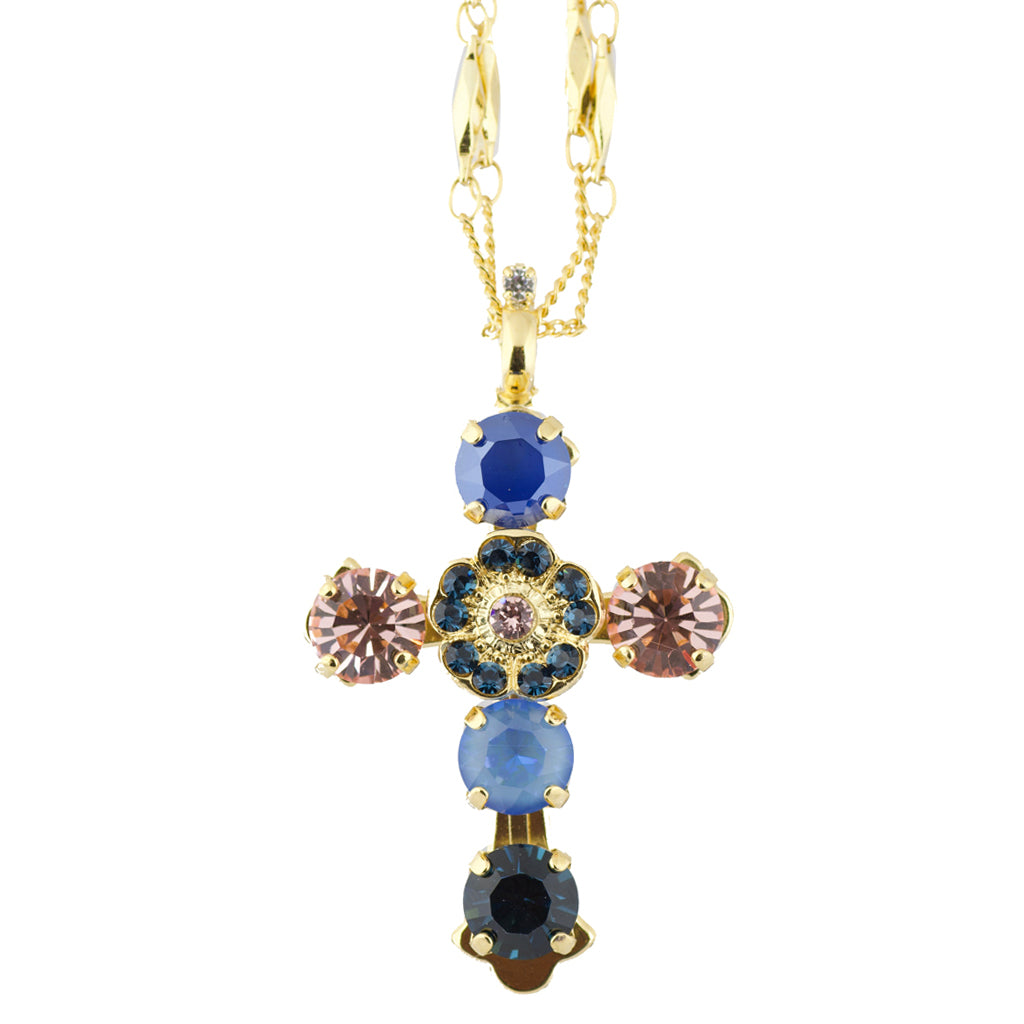 Mariana "Blue Morpho" Crystal Gold Plated Double Chain Cross Pendant Necklace