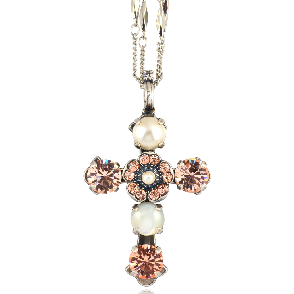 Mariana Jewelry "Barbados" Crystal Silver Plated Double Chain Cross Pendant Necklace