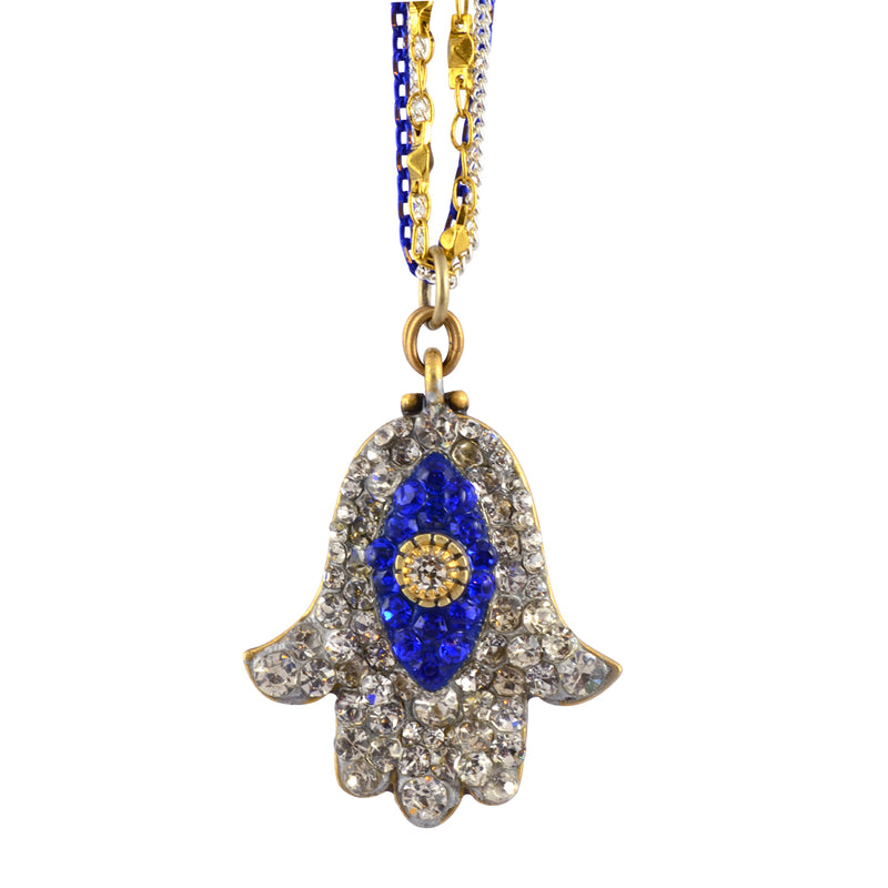 Michal Golan Crystal Hamsa Hand/Evil Eye Necklace With Multicolor Chain, Blue/Clear 16+4"