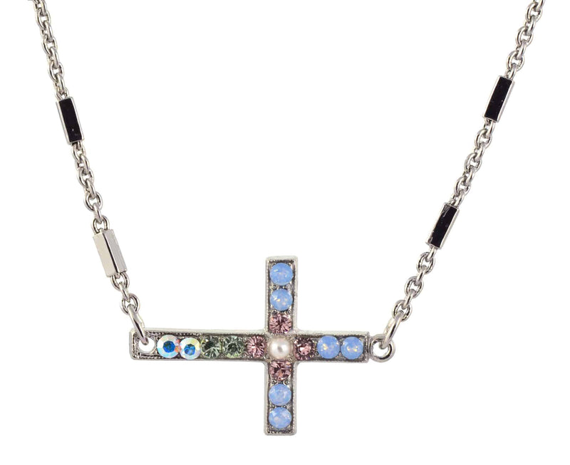 Mariana Jewelry Cosmo Sideways Cross Necklace, Silver Plated with Blue crystal, 16+4 5520/1 1055