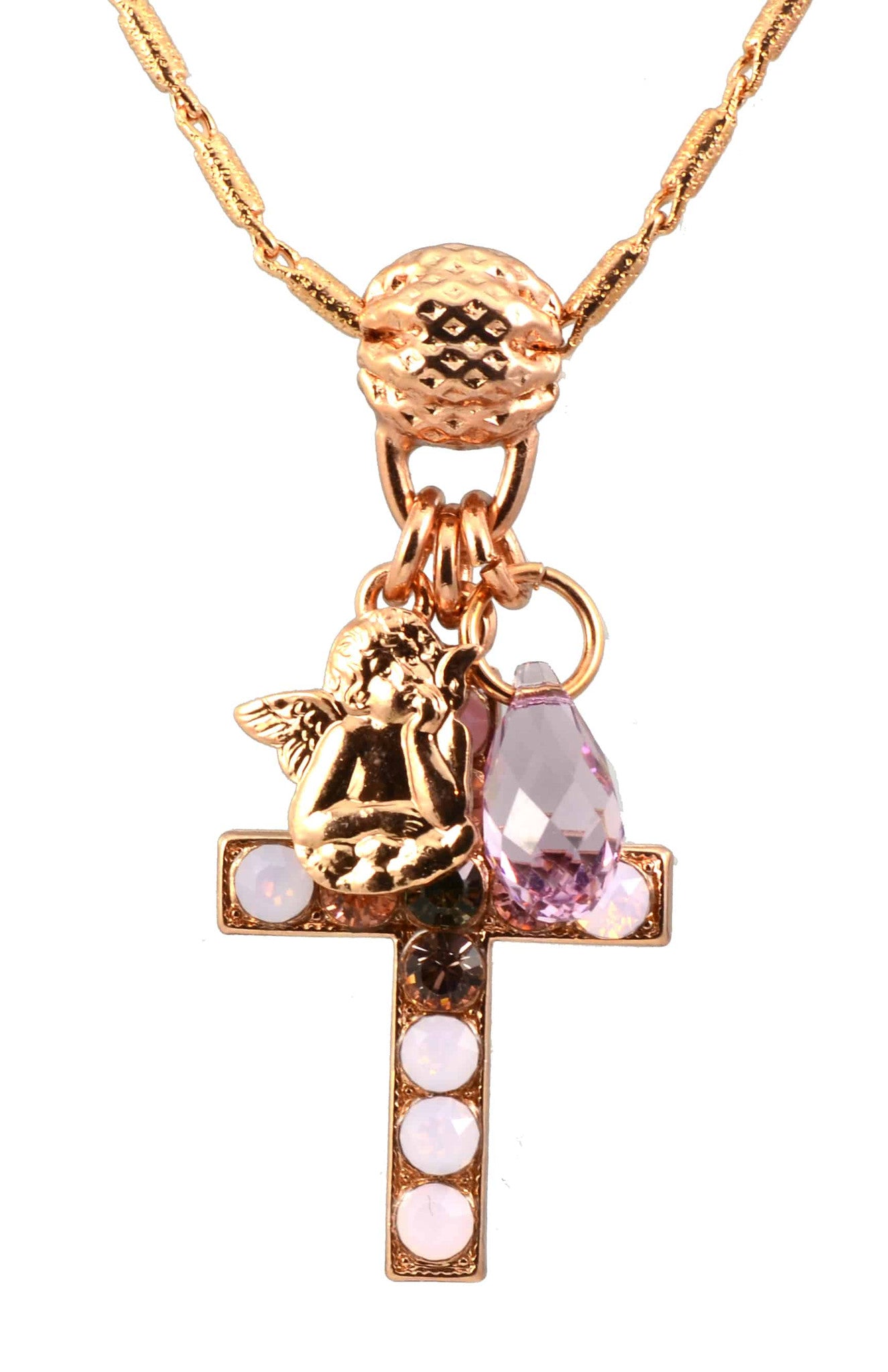 Mariana Jewelry Pink Ice Rose Gold Plated crystal Cross and Guardian Angel Necklace