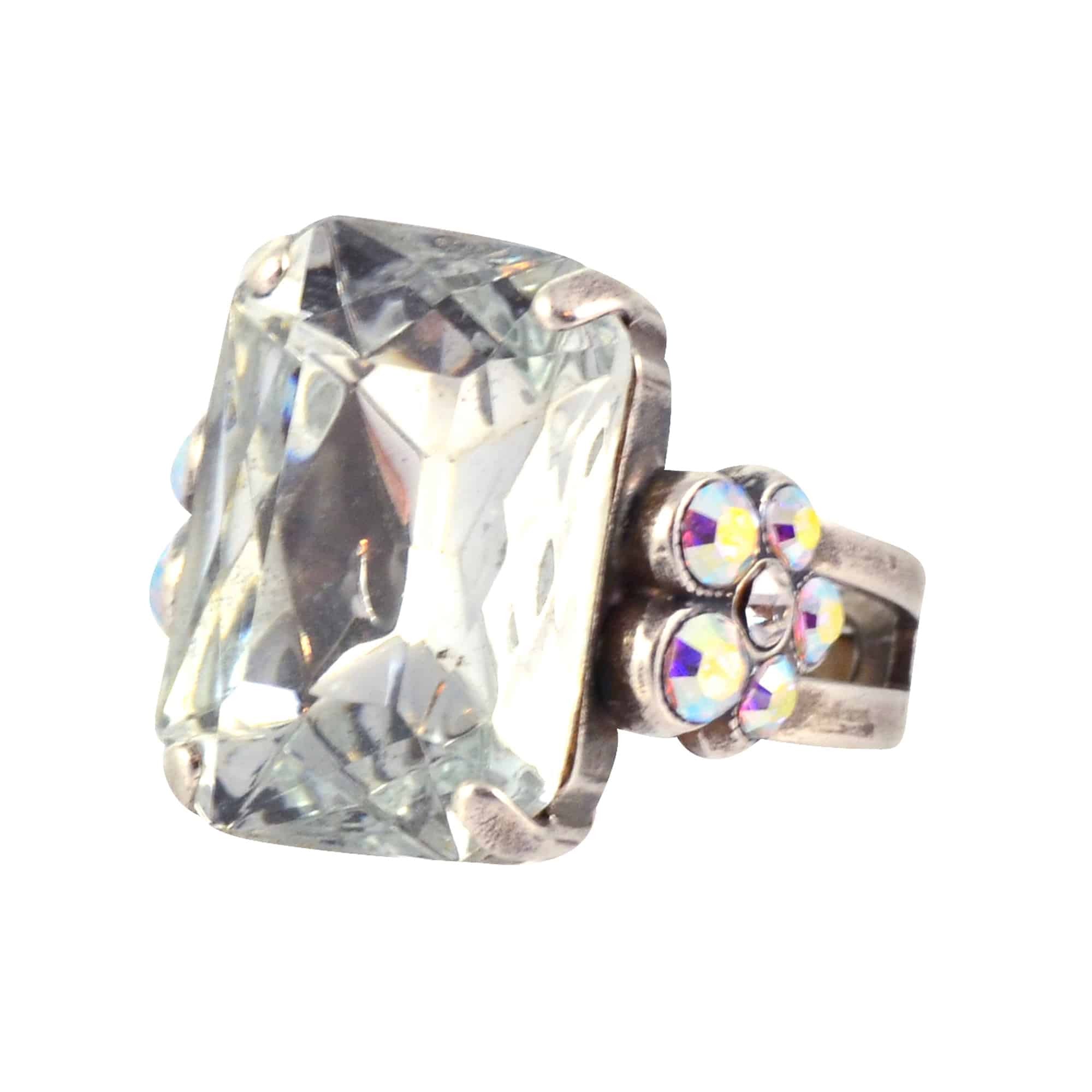 Mariana Jewelry Rectangle and Flower Adjustable Ring, On A Clear Day Silver Plated with crystal 7002/1 001