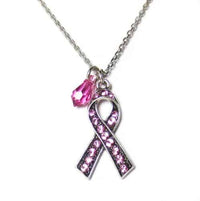 Mariana Jewelry Silver Plated Breast Cancer Awareness crystal Ribbon Pendant Necklace in Pink