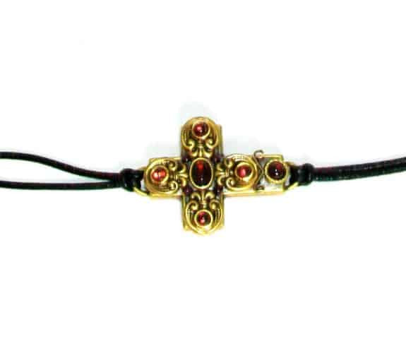 Michal Golan Gold Plated Large Cross Bracelet with Deep Red Semi-Precious Crystals on Black Leather Cord