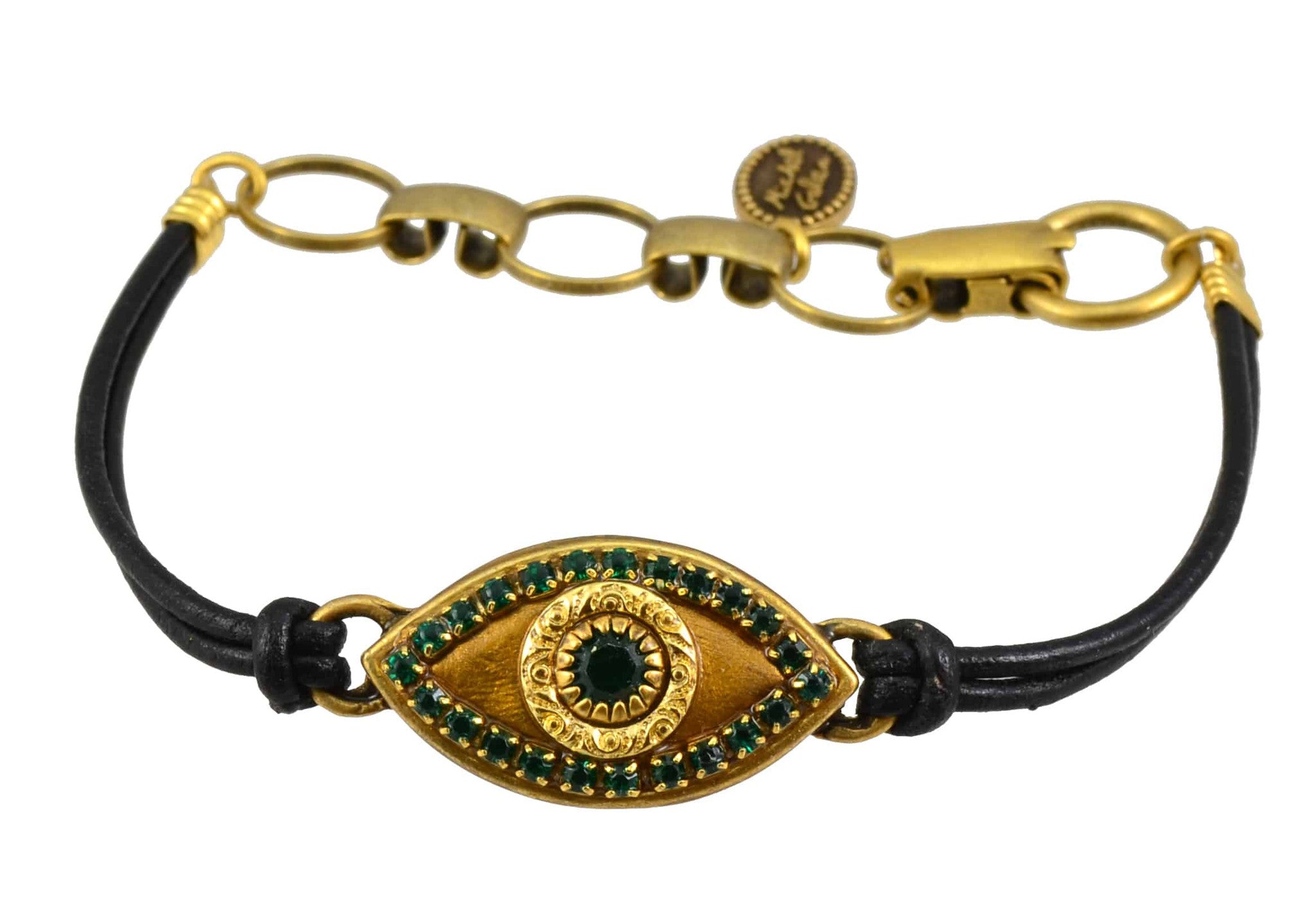 Michal Golan Gold Plated Large Gold Evil Eye Bracelet with Green Crystal on Black Leather Cord