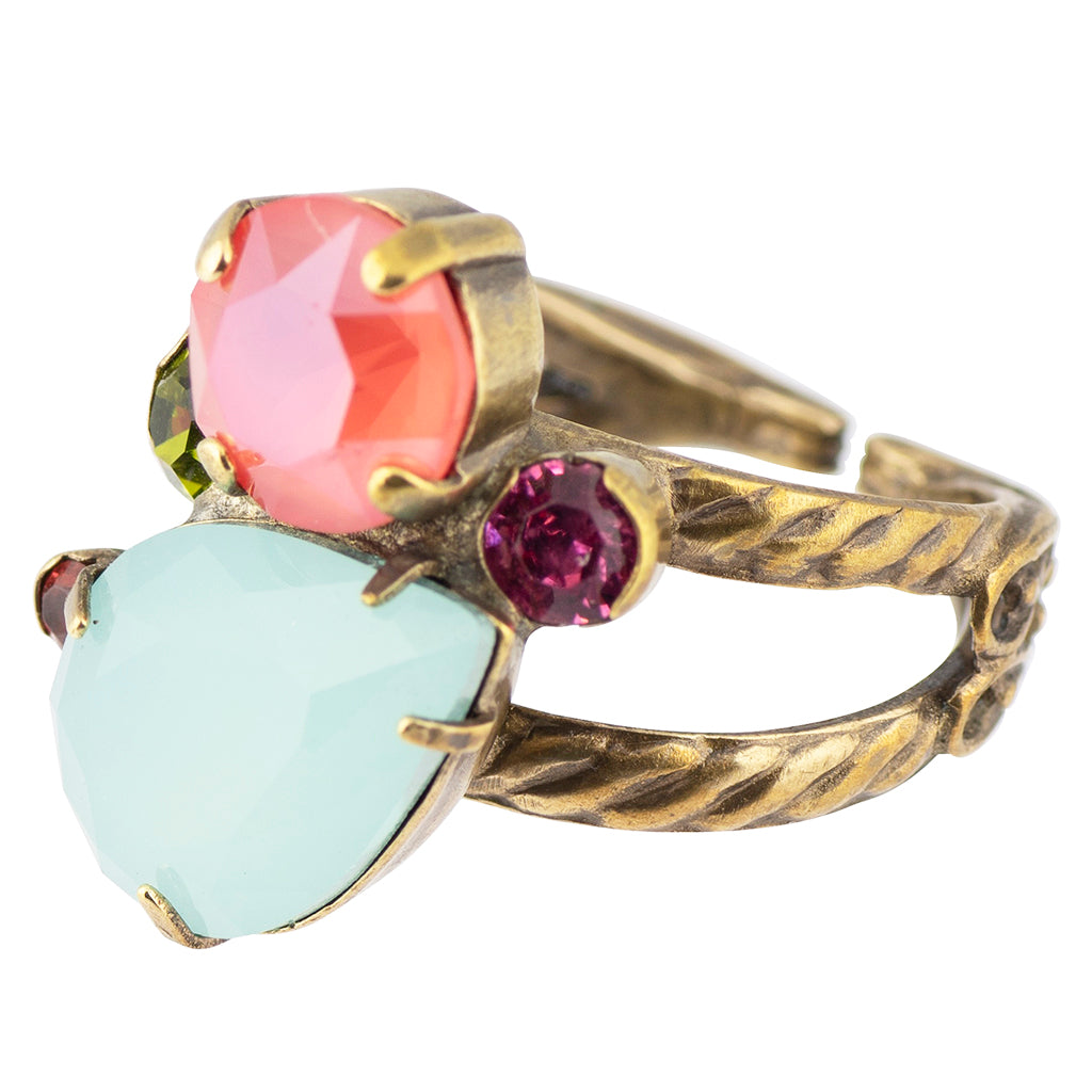 Sorrelli Botanical Brights Antique Gold Plated Tilted Teardrop Cluster Double Band Ring