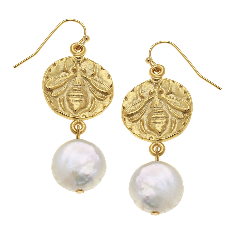 Susan Shaw Gold Bee and Coin Pearl Earrings