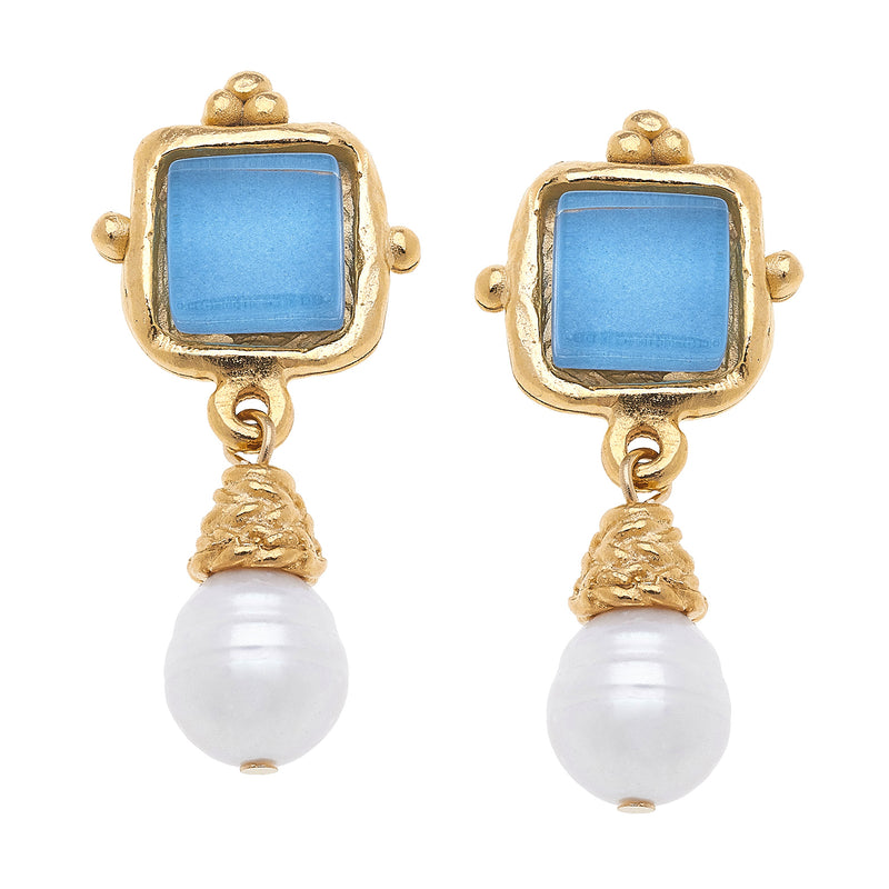Susan Shaw Handcast Gold Plated Square Crystal and Pearl Stud Earrings