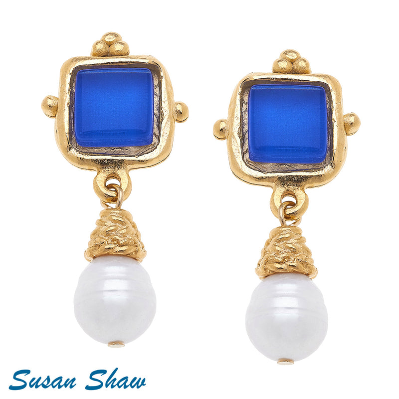 Susan Shaw Handcast Gold Earrings with Classic Blue French Glass and Genuine Freshwater Pearl Drop