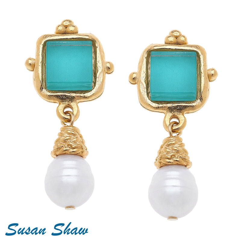 Susan Shaw Handcast Gold Earrings with Teal French Glass and Genuine Freshwater Pearl Drop