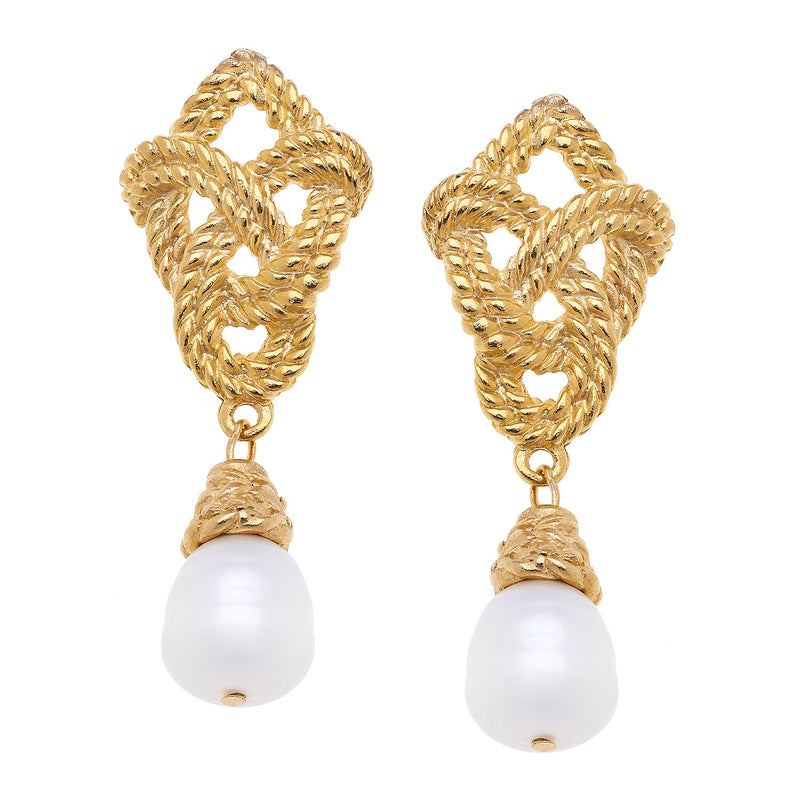 Susan Shaw Handcast Gold Plated Rope and Pearl Stud Earrings