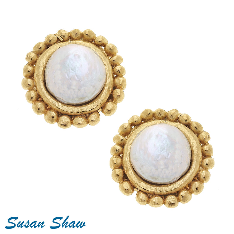 Susan Shaw Handcast Gold with Coin Pearl Pierced Earrings