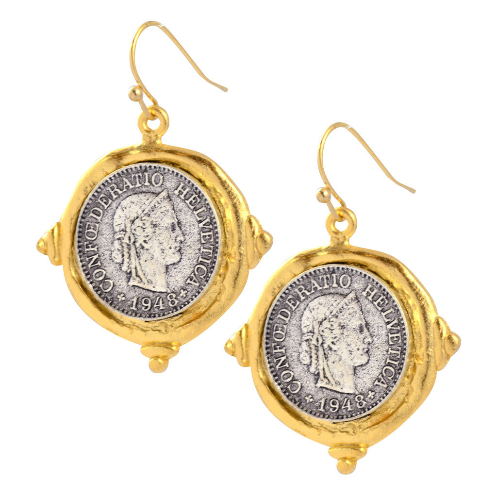 Susan Shaw Silver Plated French Coin Dangle Earrings, Gold Plated Setting