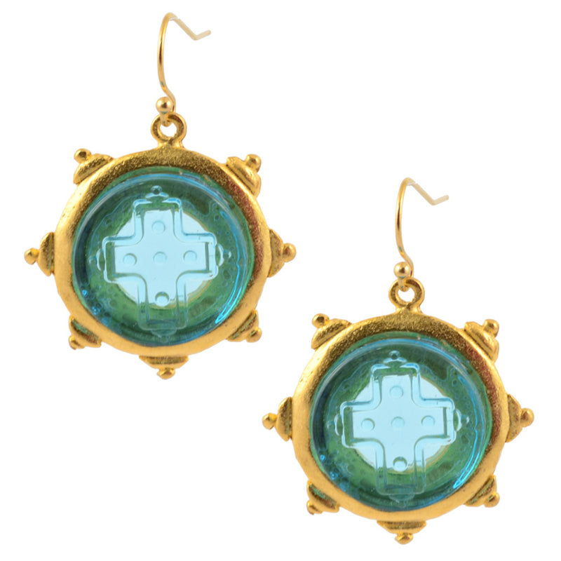 Susan Shaw Gold Plated Blue Glass Etched Cross Dangle Earrings