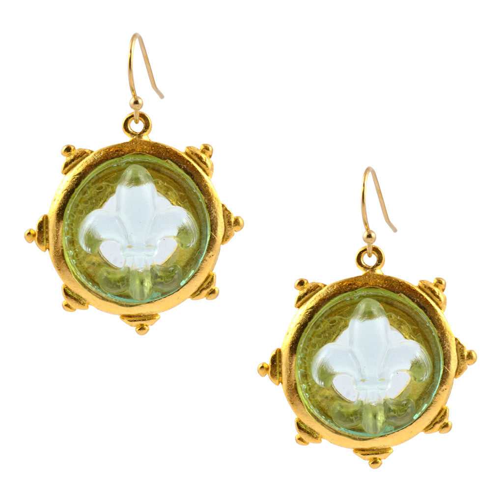 Susan Shaw Green Venetian Glass Fleur de Lis Dangle Earrings, Gold Plated Setting
