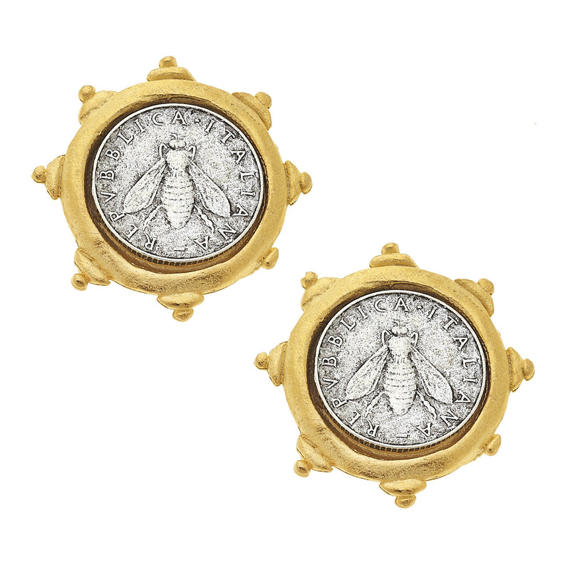 Susan Shaw Italian Bee Coin Stud Earrings, Gold Plated on Post