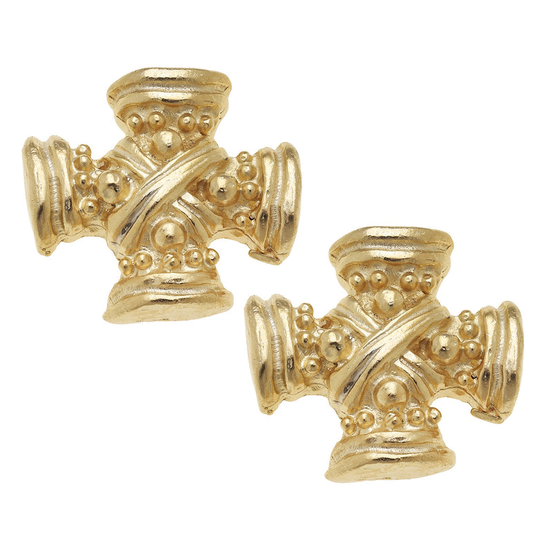 Susan Shaw Jewelry Cross Stud Earrings, Vintage Square French Cross in Gold