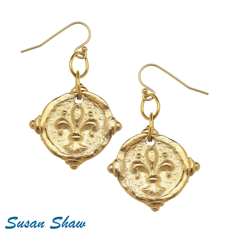 Susan Shaw Handcast Gold "Fleur de Lis" Intaglio Earrings
