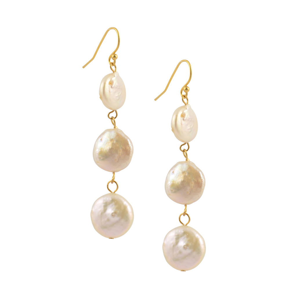 Susan Shaw Gold Plated 3 White Coin Pearl Dangle Earrings