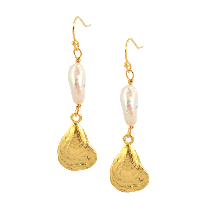 Susan Shaw Gold Plated Oyster Shell Dangle Earrings with Freshwater Pearl