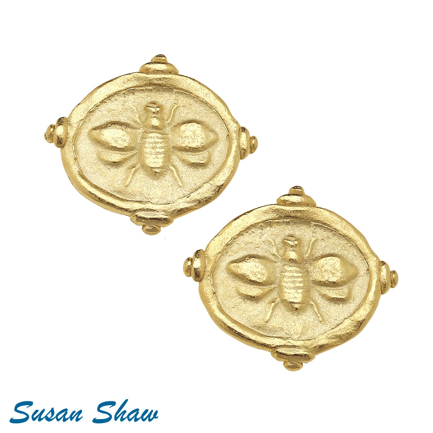 Susan Shaw Handcast Gold "Bee" Intaglio CLIP Earrings.