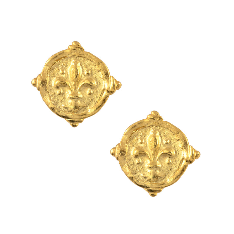 Susan Shaw Handcast Fleur de Lis Intaglio Stud Earrings, Gold Plated