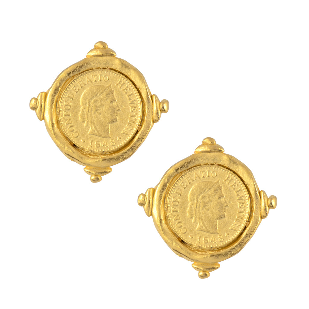 Susan Shaw Italian Intaglio Coin Symbol Stud Earrings, Gold Plated