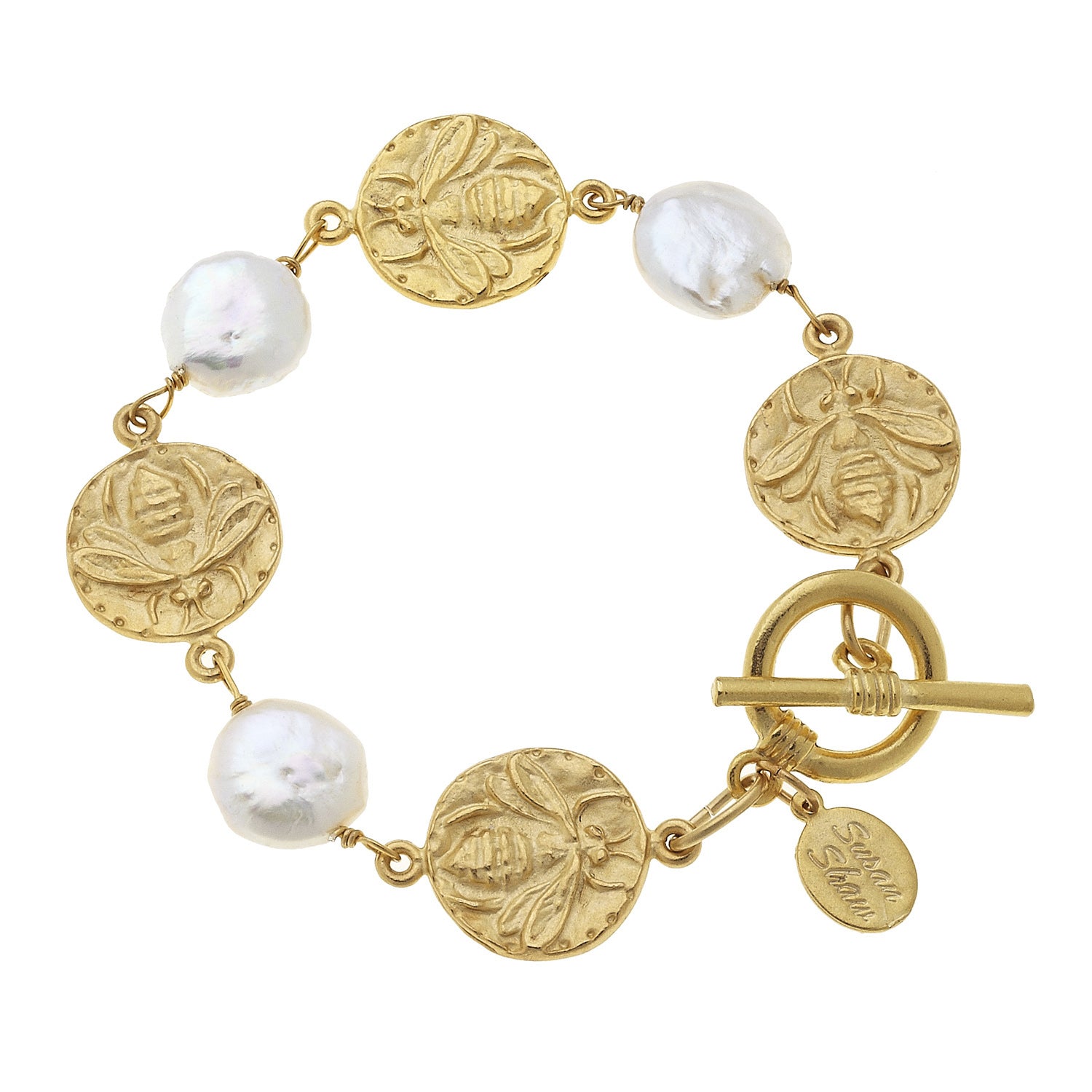Susan Shaw Gold Bee and Coin Pearl Bracelet
